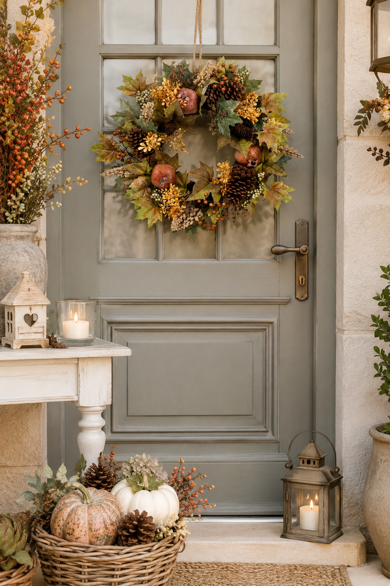 Corona Decorativa Autunnale con Melograni, Bacche e Pigne Ø 61 cm