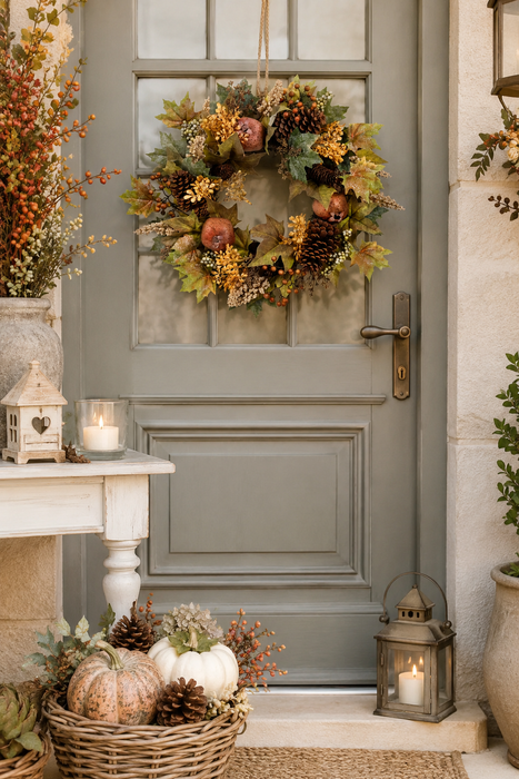 Corona Decorativa Autunnale con Melograni, Bacche e Pigne Ø 61 cm