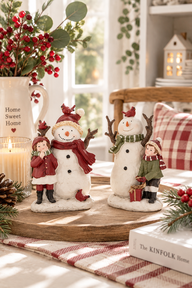 Decorazione natalizia pupazzo di neve con bambini H25 cm