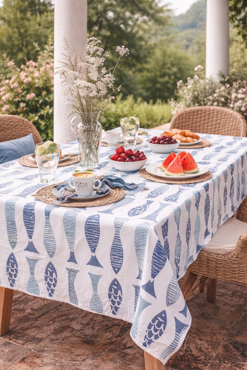 Tovaglia Blanc Mariclò 140x270  Pesci tra le Righe – Cotone Stile Mare Mediterraneo