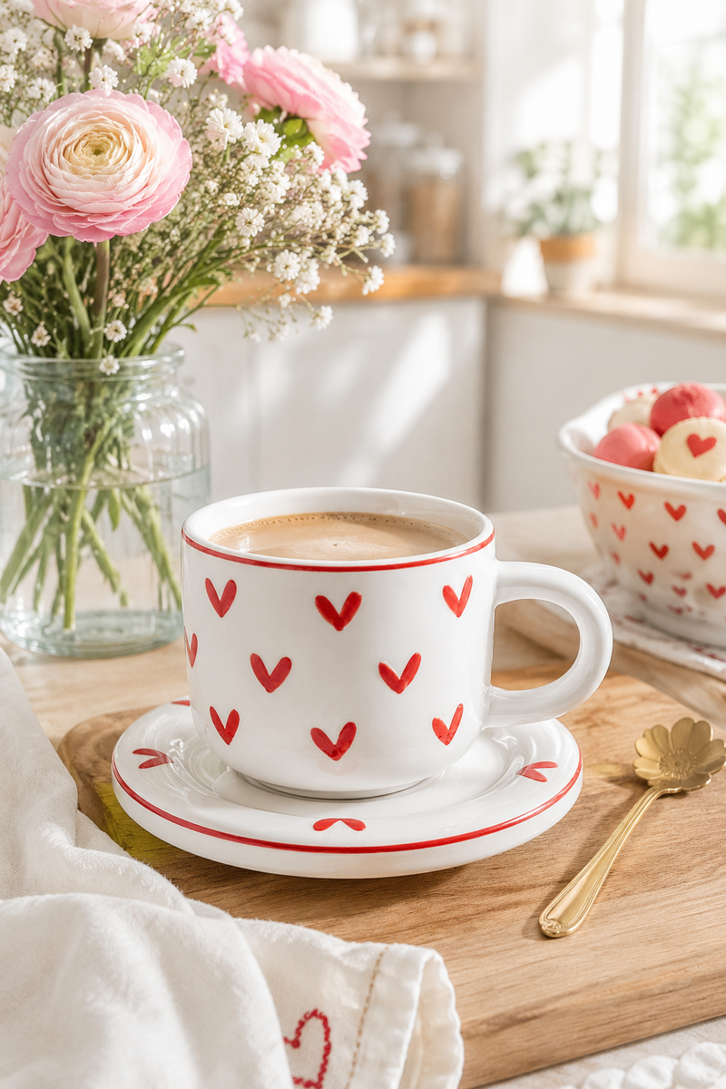 Tazza con Piattino Cuori Rossi in Ceramica Clayre & Eef –