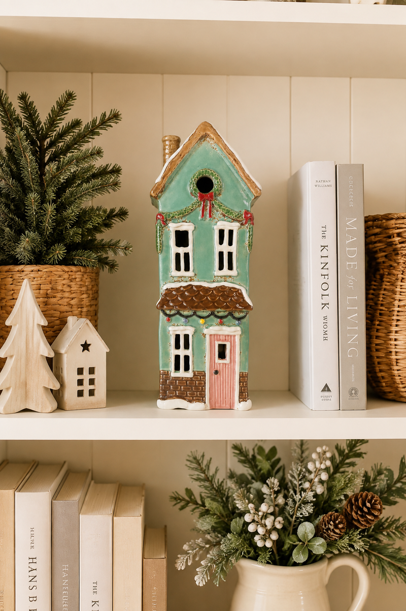Casa Portacandela Verde Natalizia in Ceramica Clayre & Eef – 13×18 cm