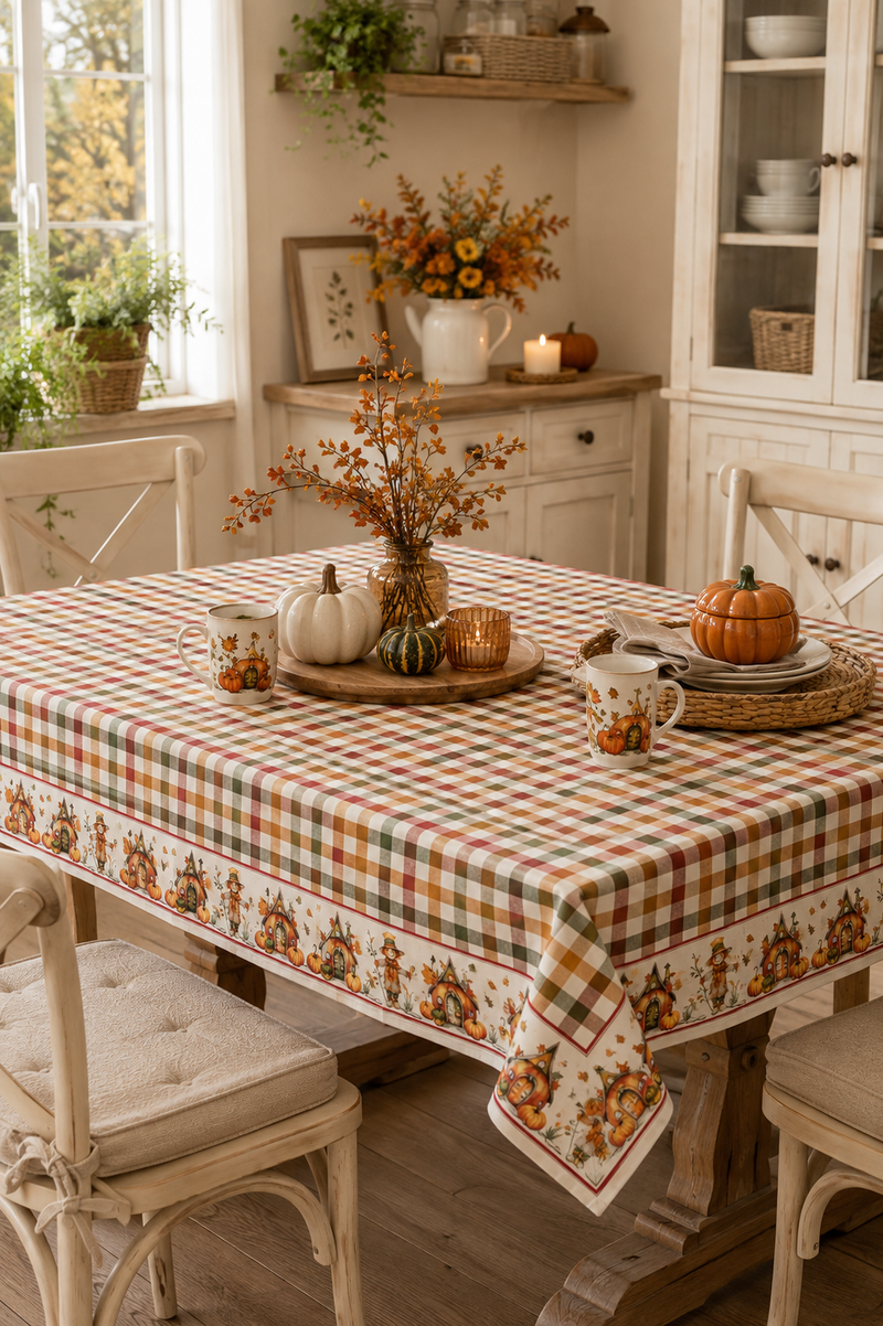 Tovaglia Autunnale a Quadri con Zucche e spaventapasseri 100% Cotone – 140×180 cm