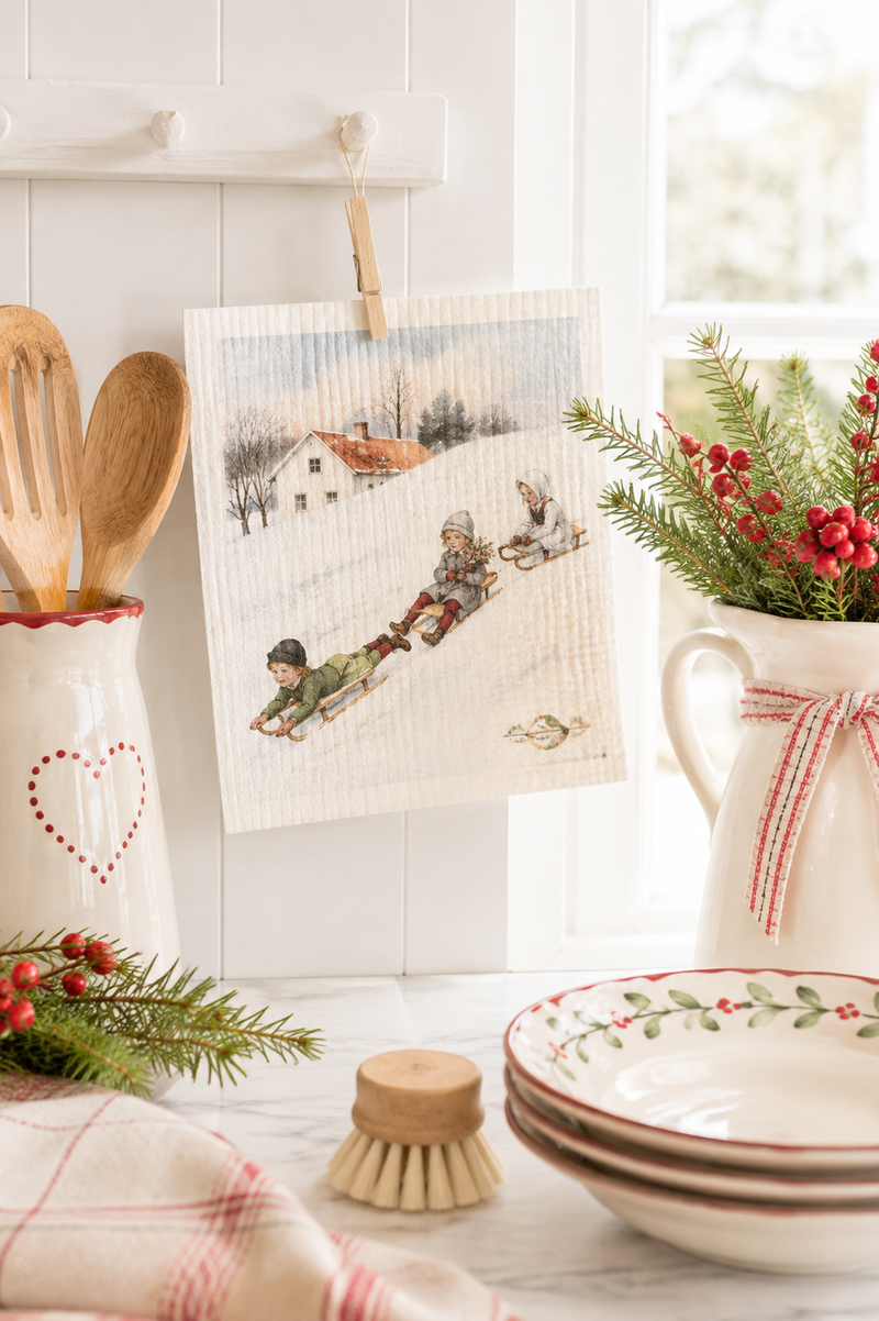 Panno Svedese Biodegradabile Bambini sulla Neve – 17×20 cm Stromshaga