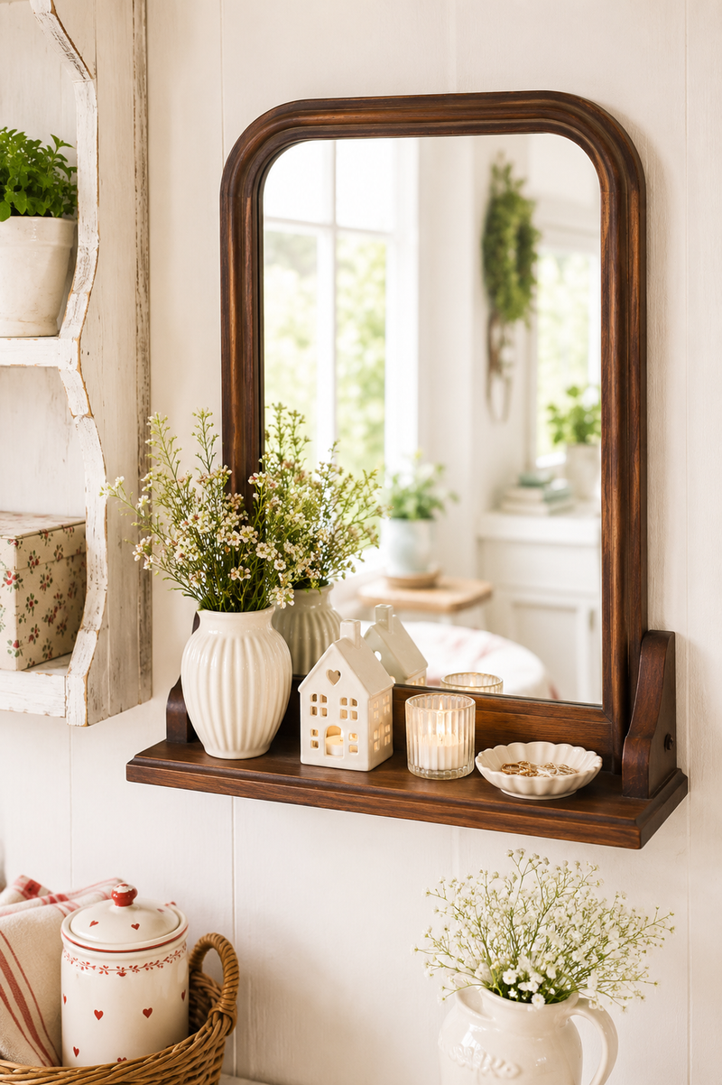 Specchio da Parete con Mensola in Legno di Mango – 45×55,7×11 cm