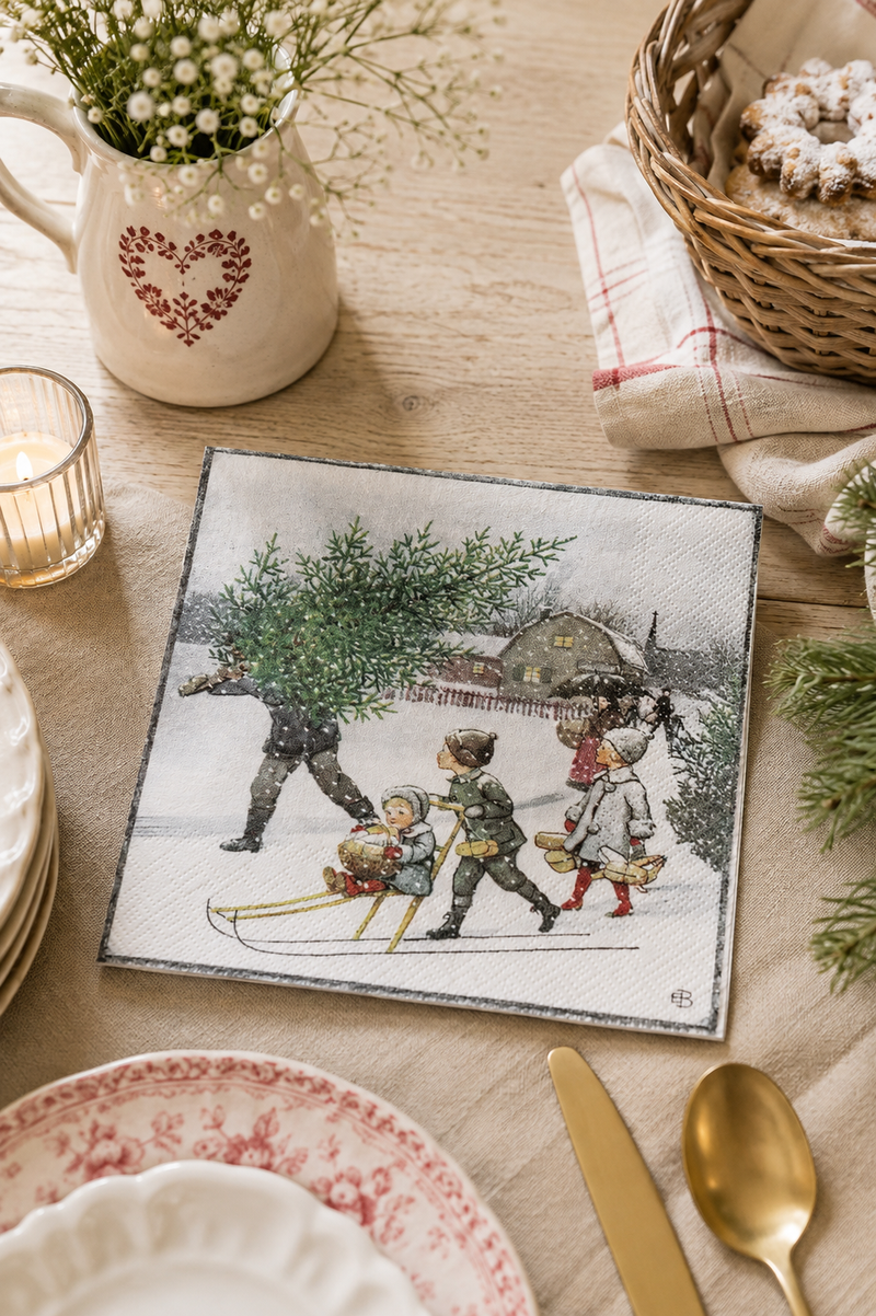 Tovaglioli di Carta Natalizi Vintage Bambini sulla Neve Strömshaga – 33×33 cm