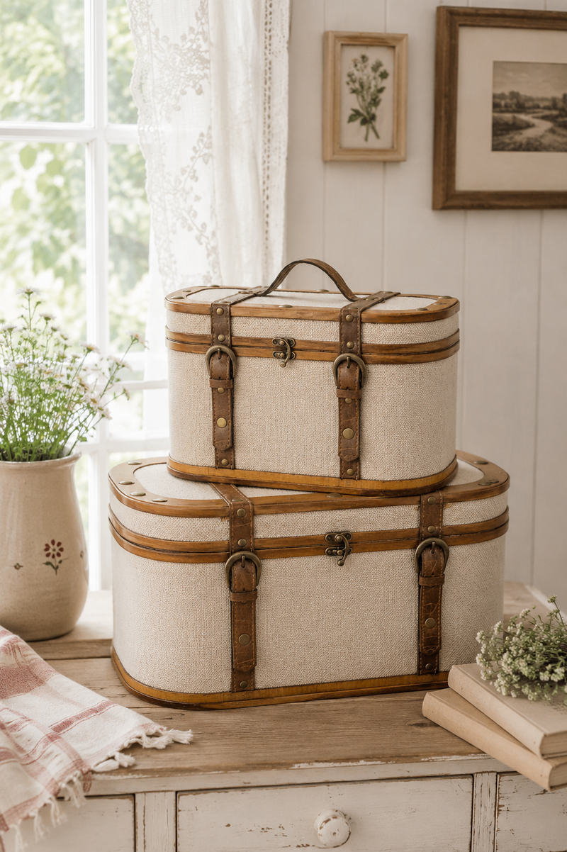 Set 2 Bauli Decorativi Vintage in Legno e Tessuto con Cinghie – 31 e 36 cm Nuvole di Stoffa