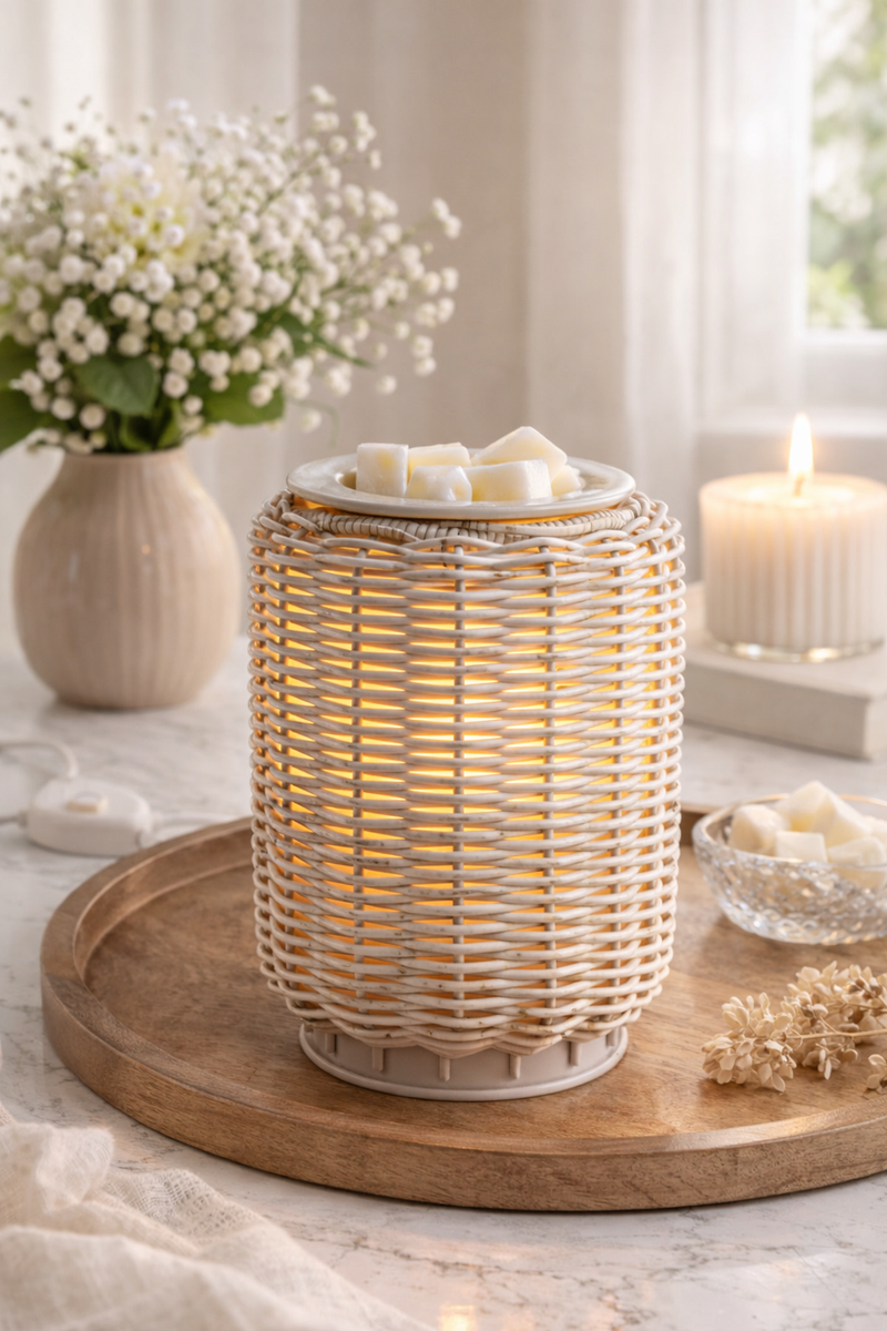 Lampada Scaldacera Elettrica Effetto Rattan Naturale Candle Warmers