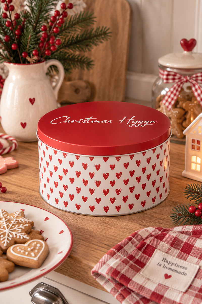 Scatola Natalizia Rotonda in Latta con Cuori “Christmas Hygge” Ib laursen