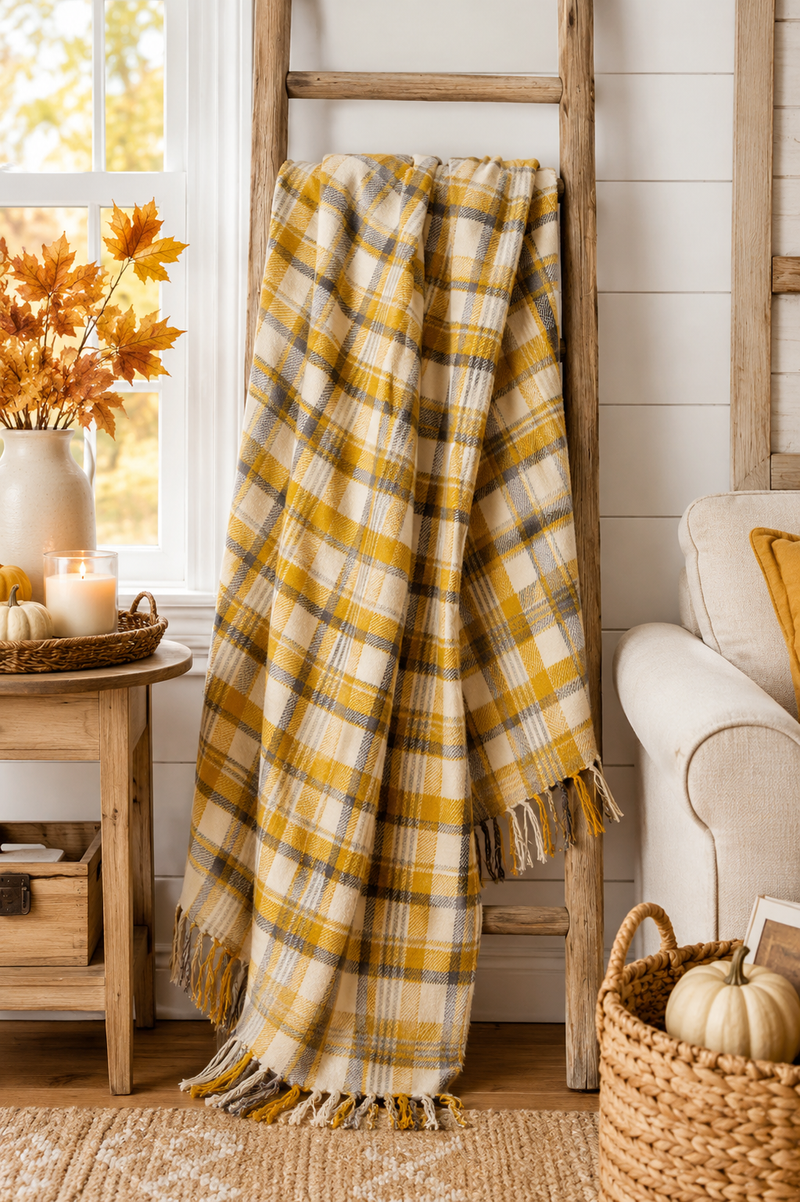 Coperta Plaid Senape e Grigio in Flanella di Cotone Pettinato