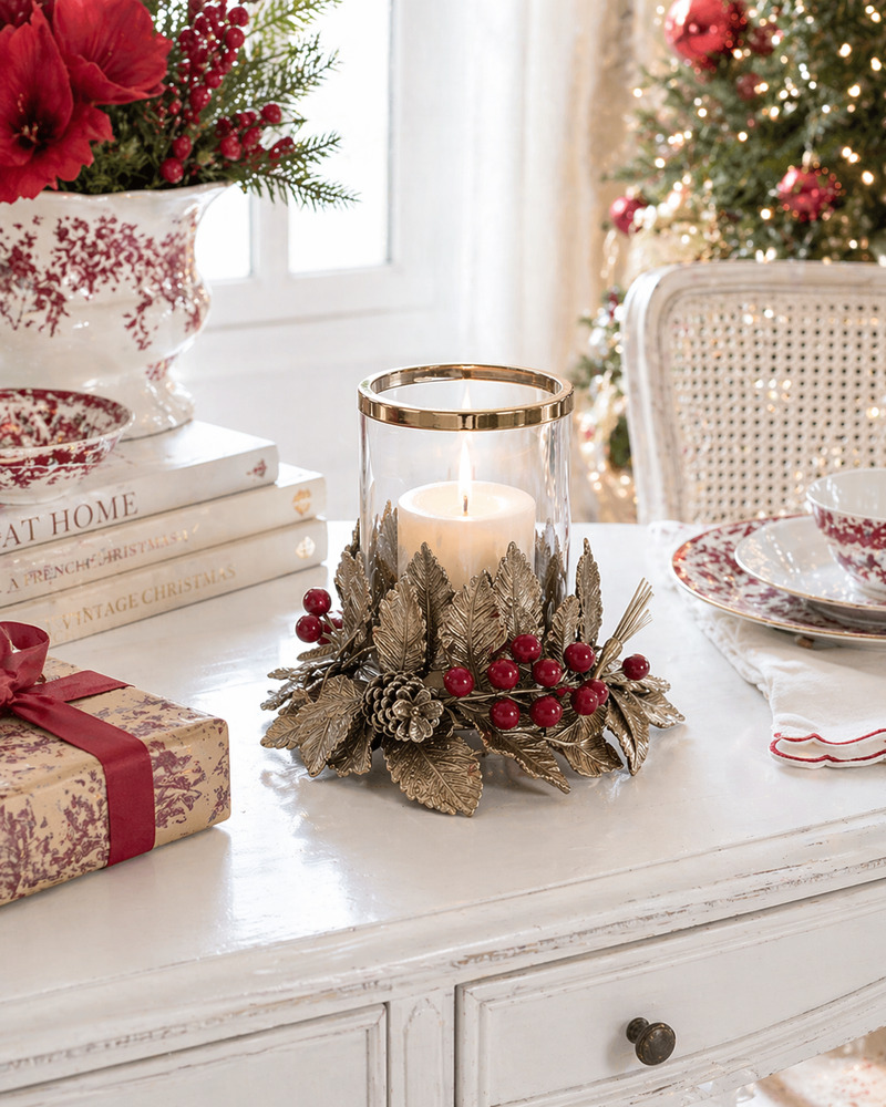 Portacandela Natalizio con Bacche Rosse e Foglie Oro 20 cm – Blanc Mariclò
