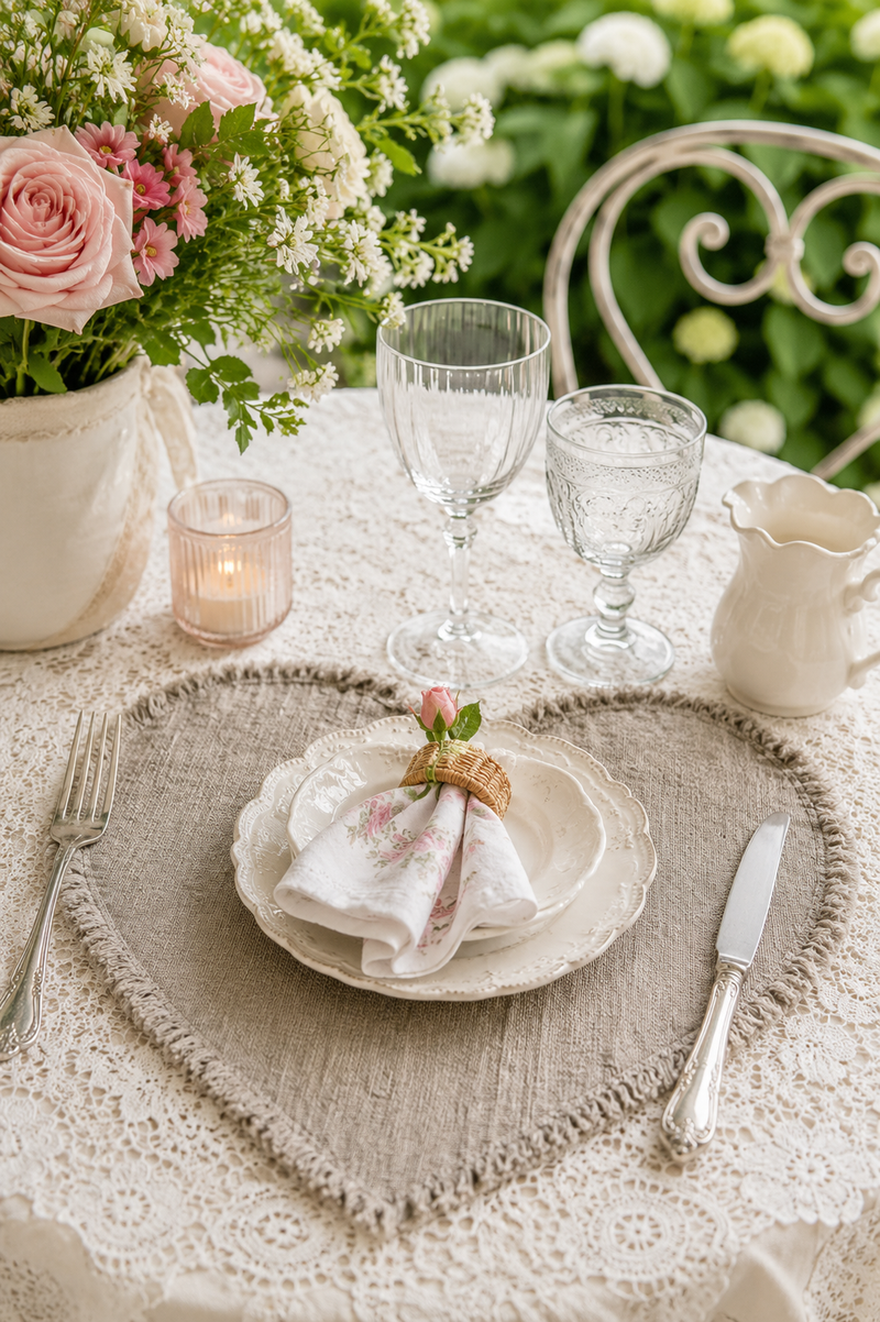 Heart Placemat 100% Raw Linen Soft Natural H35 Cm