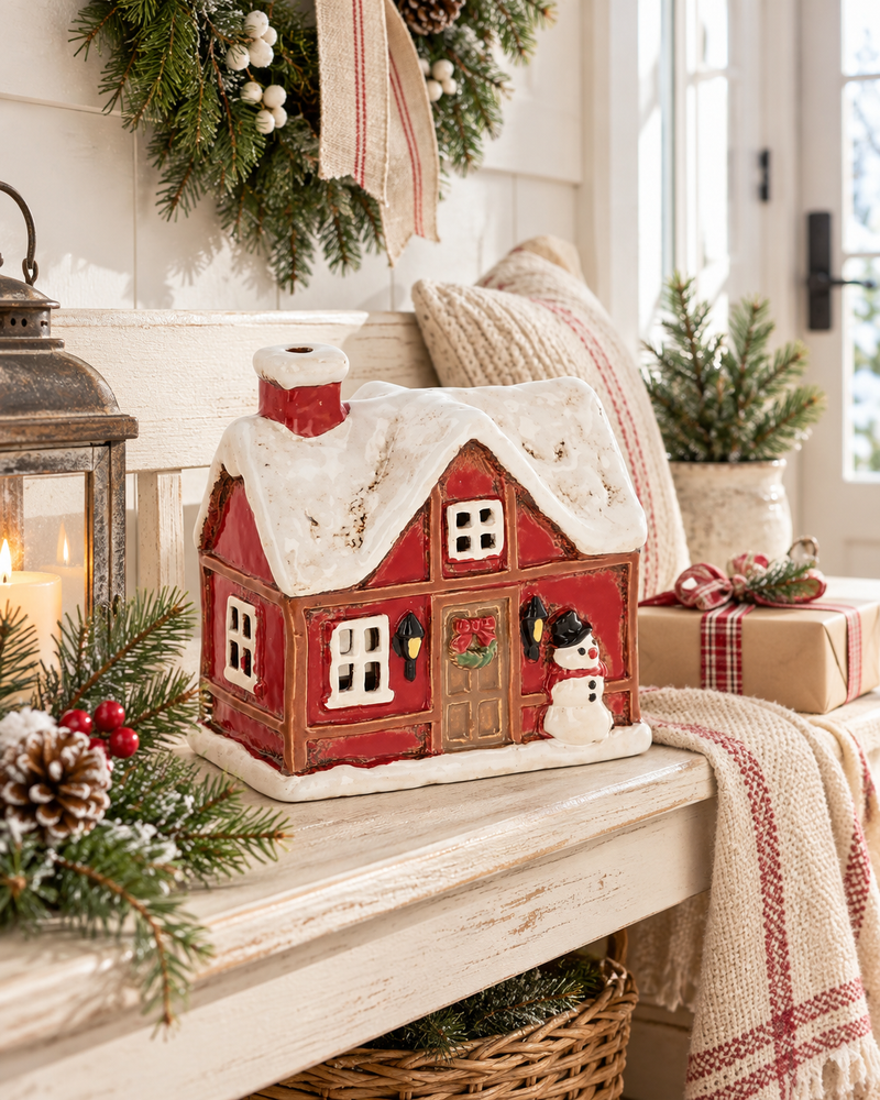 Casetta natalizia in ceramica Tudor con pupazzo di neve