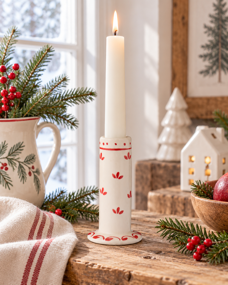 Candeliere natalizio IB Laursen in ceramica bianca e rossa H10 cm