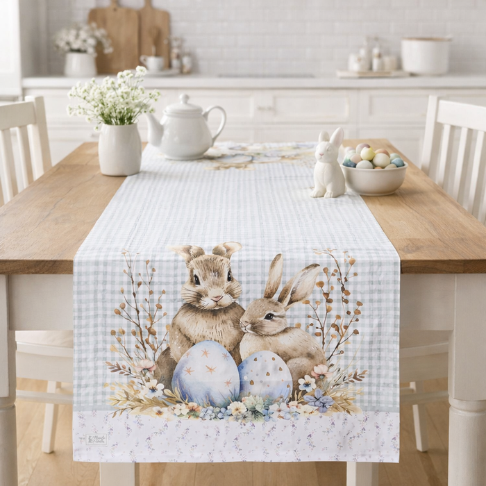 Runner Pepen Conigli e Uova 150×50  Nuvole di Stoffa