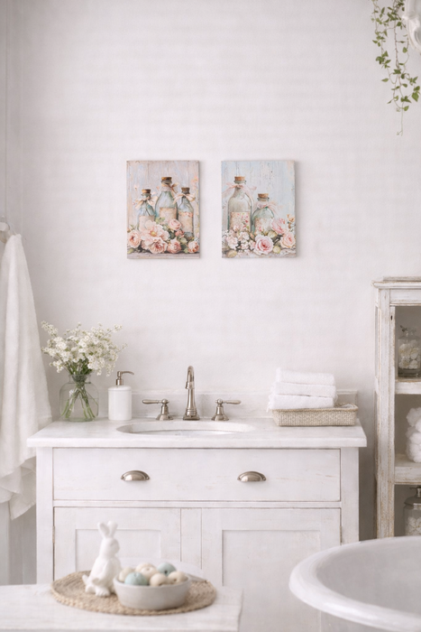 Quadro canvas bottiglie shabby Bagno Nuvole di Stoffa