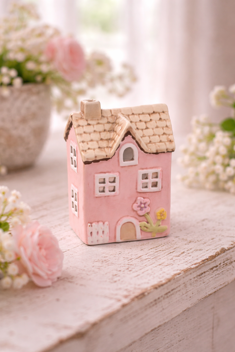 Casetta Portacandela Cottage Rosa in Ceramica 12 cm