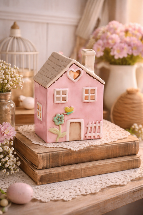 Casetta Porta Tea Light Rosa in Ceramica