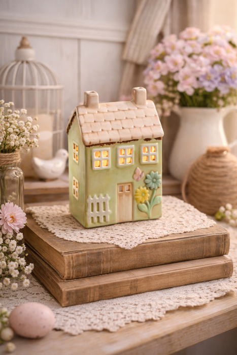 Casetta Porta Tea Light Verde in Ceramica Dipinta a Mano