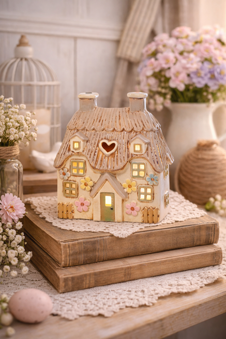 Casetta Porta Tea Light Cottage in Ceramica Dipinta a Mano