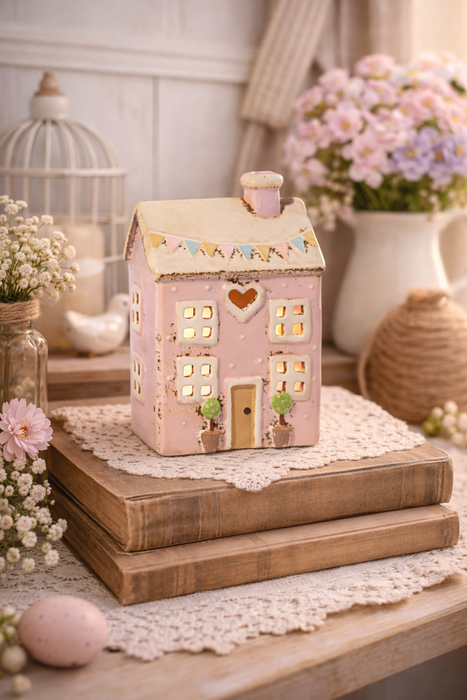 Casetta Porta Tea Light Rosa in Gres con Bandierine 12x9x18 cm