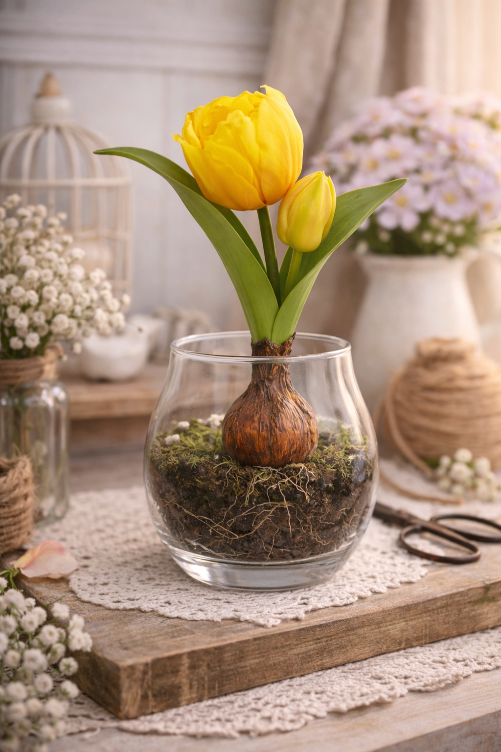 Tulipano Artificiale Giallo Sfumato con Bulbo e Radici Decorative H 20 cm