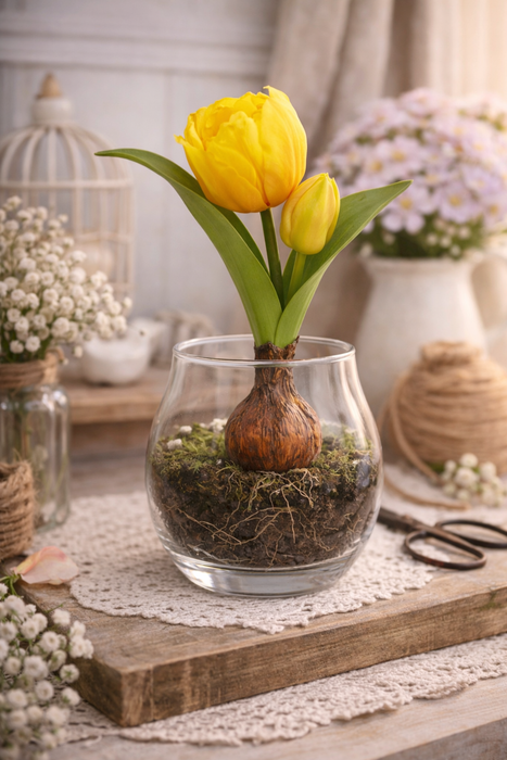 Tulipano Artificiale Giallo Sfumato con Bulbo e Radici Decorative H 20 cm