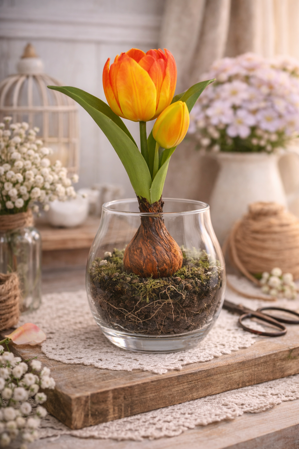 Tulipano Artificiale Arancio Sfumato con Bulbo e Radici Decorative H 20 cm