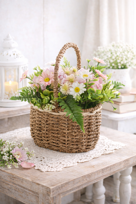 Cesto Decorativo con Ortensie e Margherite 27x20x30 cm