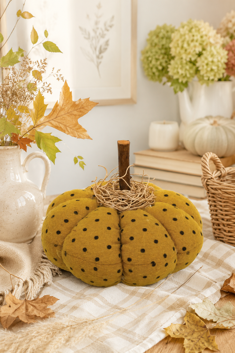 Zucca Decorativa Autunnale in Tessuto Senape a Pois
