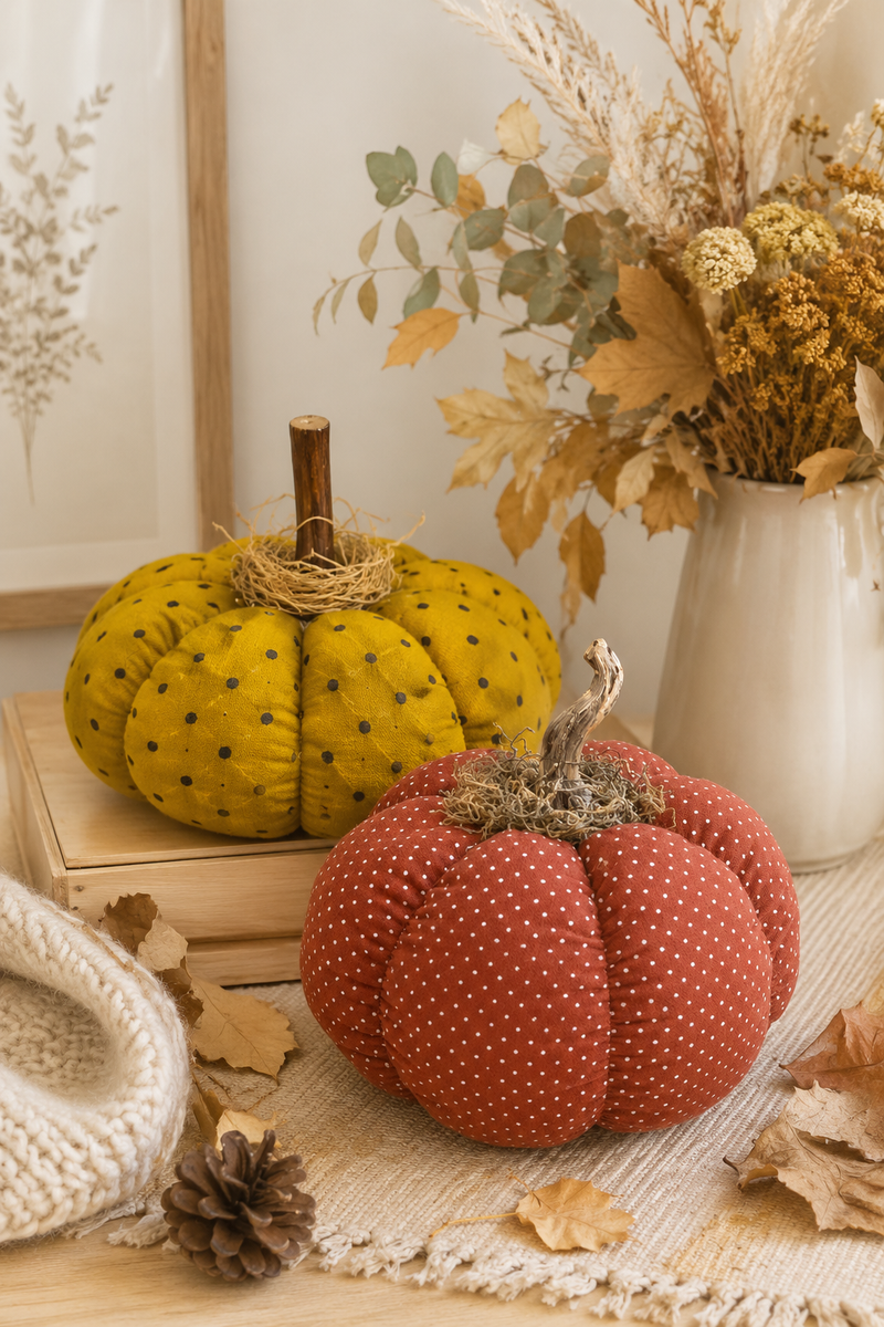 Zucca Decorativa Autunnale in Tessuto a Pois arancione