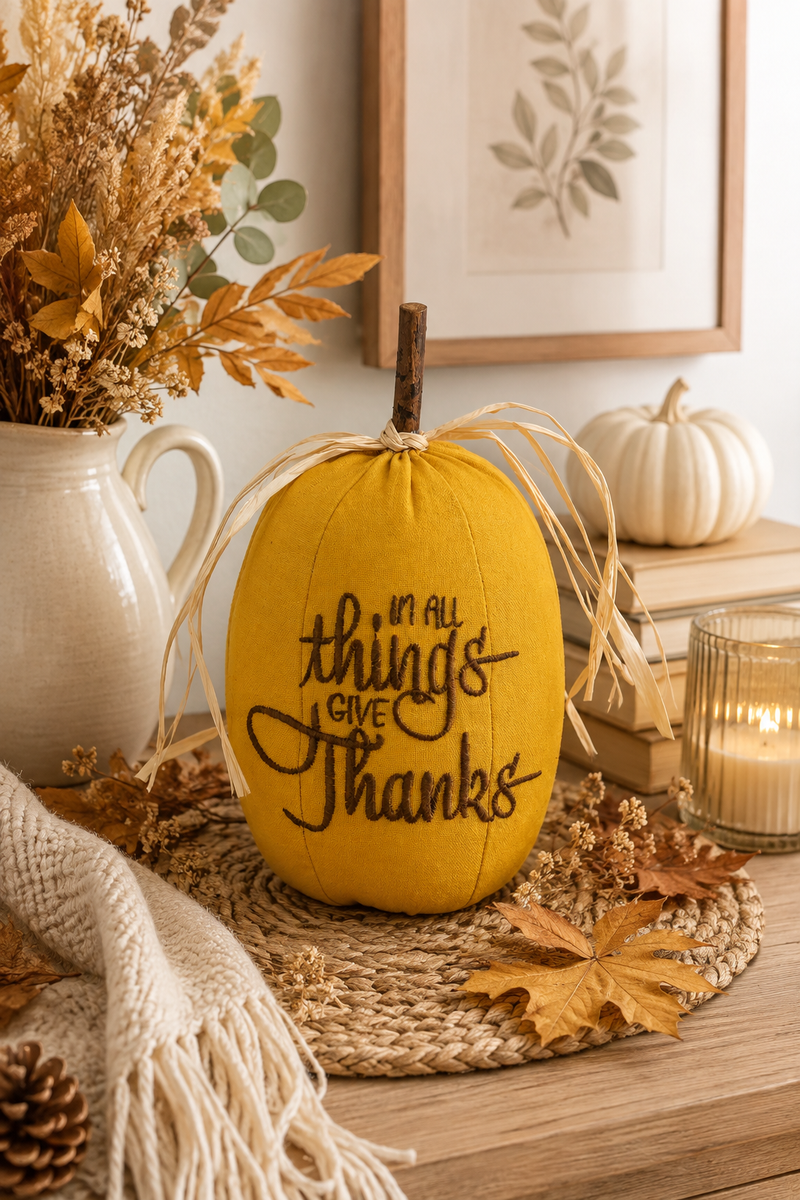 Zucca Decorativa Autunnale in Tessuto Senape “Give Thanks”