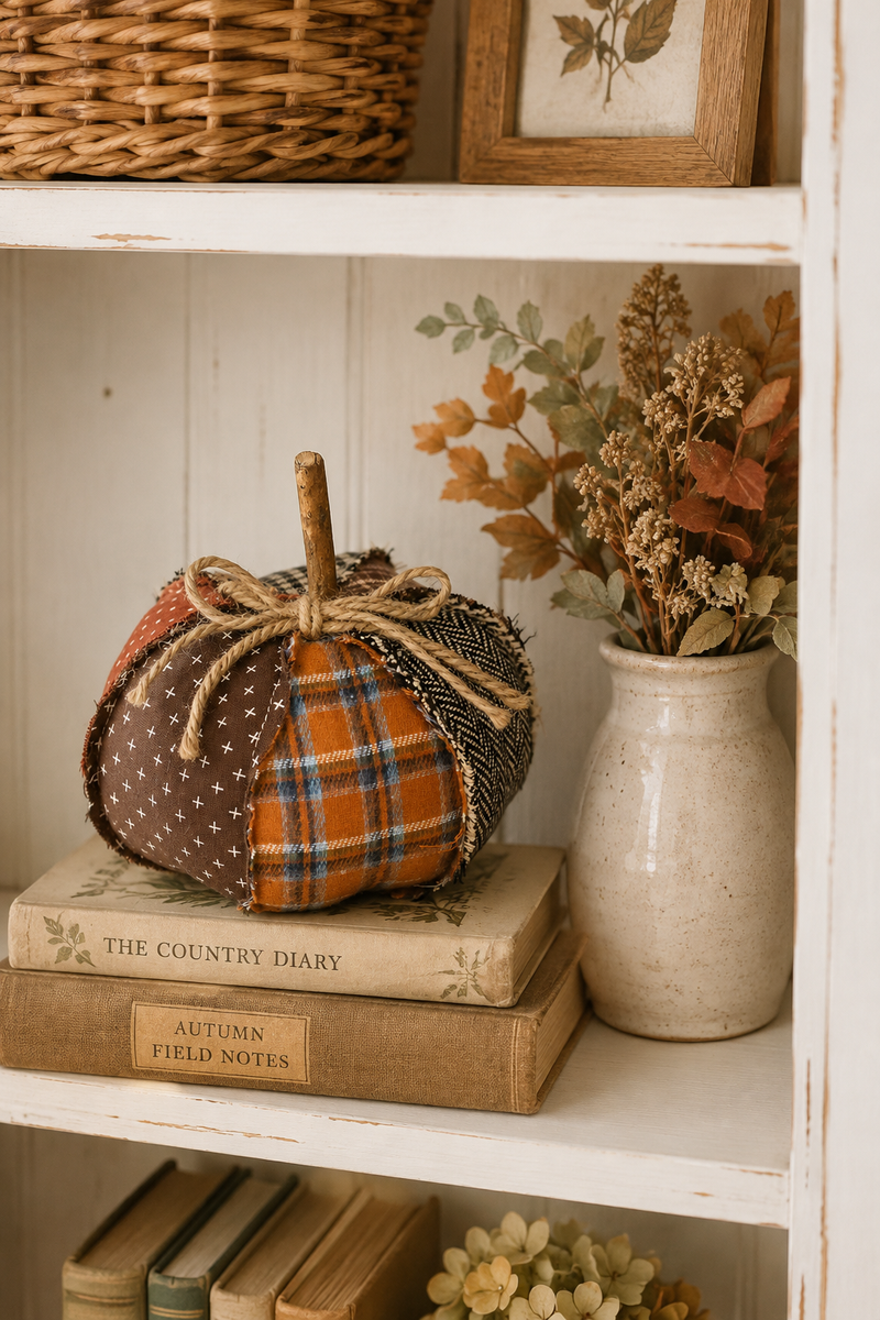 Zucca Decorativa Autunnale Patchwork in Tessuto con Fiocco in Juta