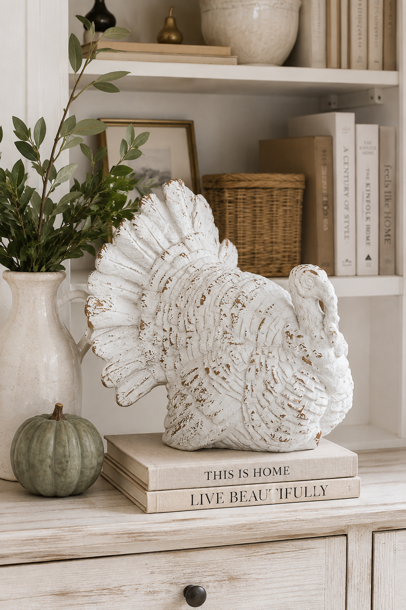 Tacchino Decorativo Bianco Effetto Anticato – H 25 cm
