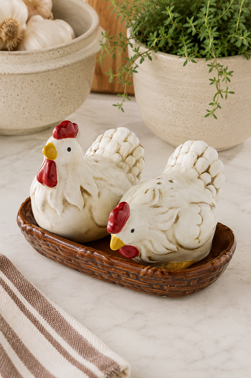 Set Sale e Pepe Galline in Ceramica con Vassoio