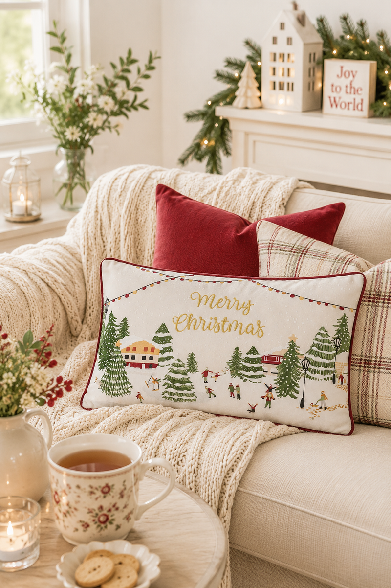 Cuscino Natalizio in Velluto Ricamato “Merry Christmas” – 30 × 50 cm