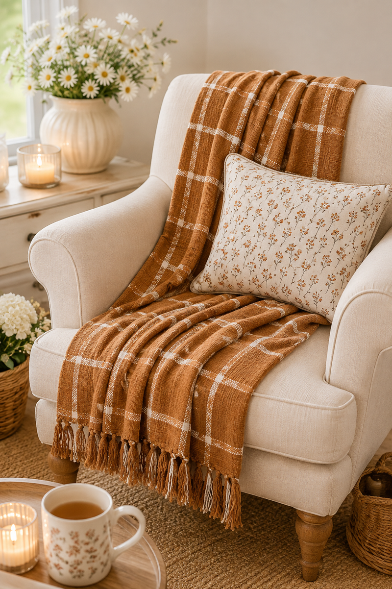 Plaid in Cotone a Quadri Marrone e Naturale con Frange – 130 × 180 cm