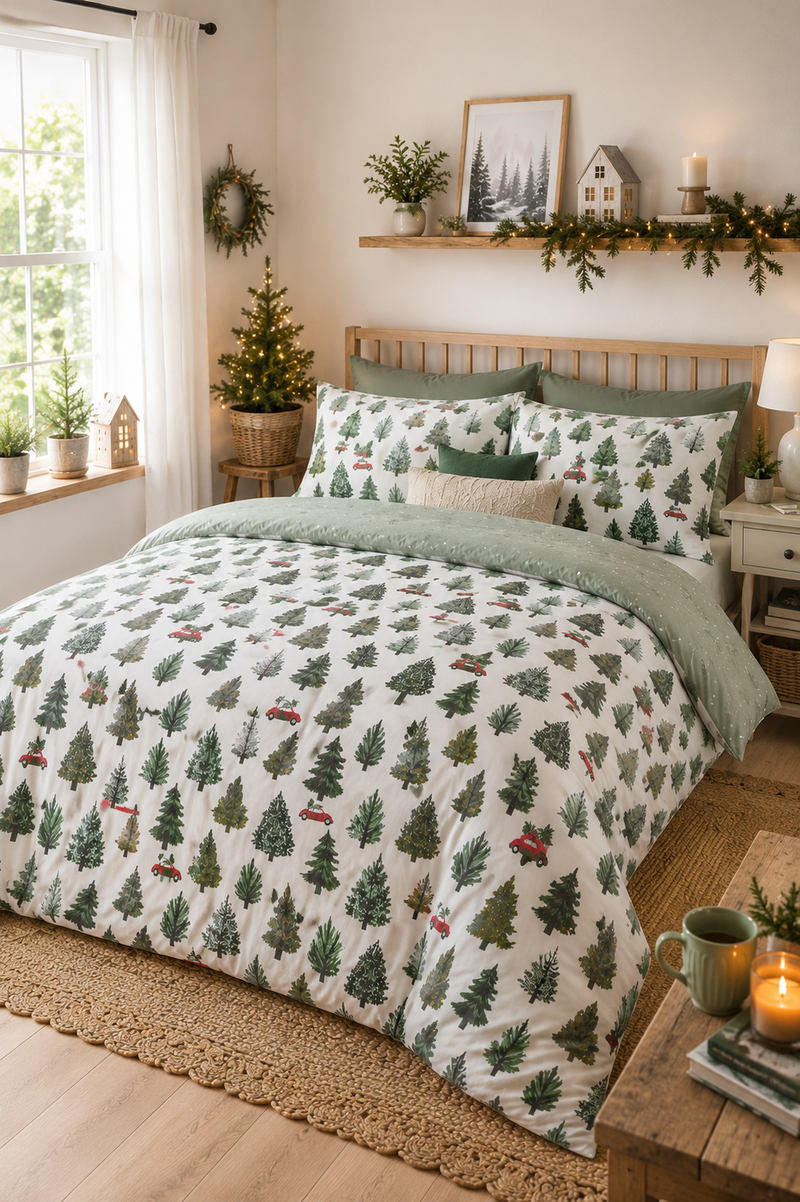 Set Copripiumino Natalizio Evergreen in 100% Cotone Spazzolato – Verde