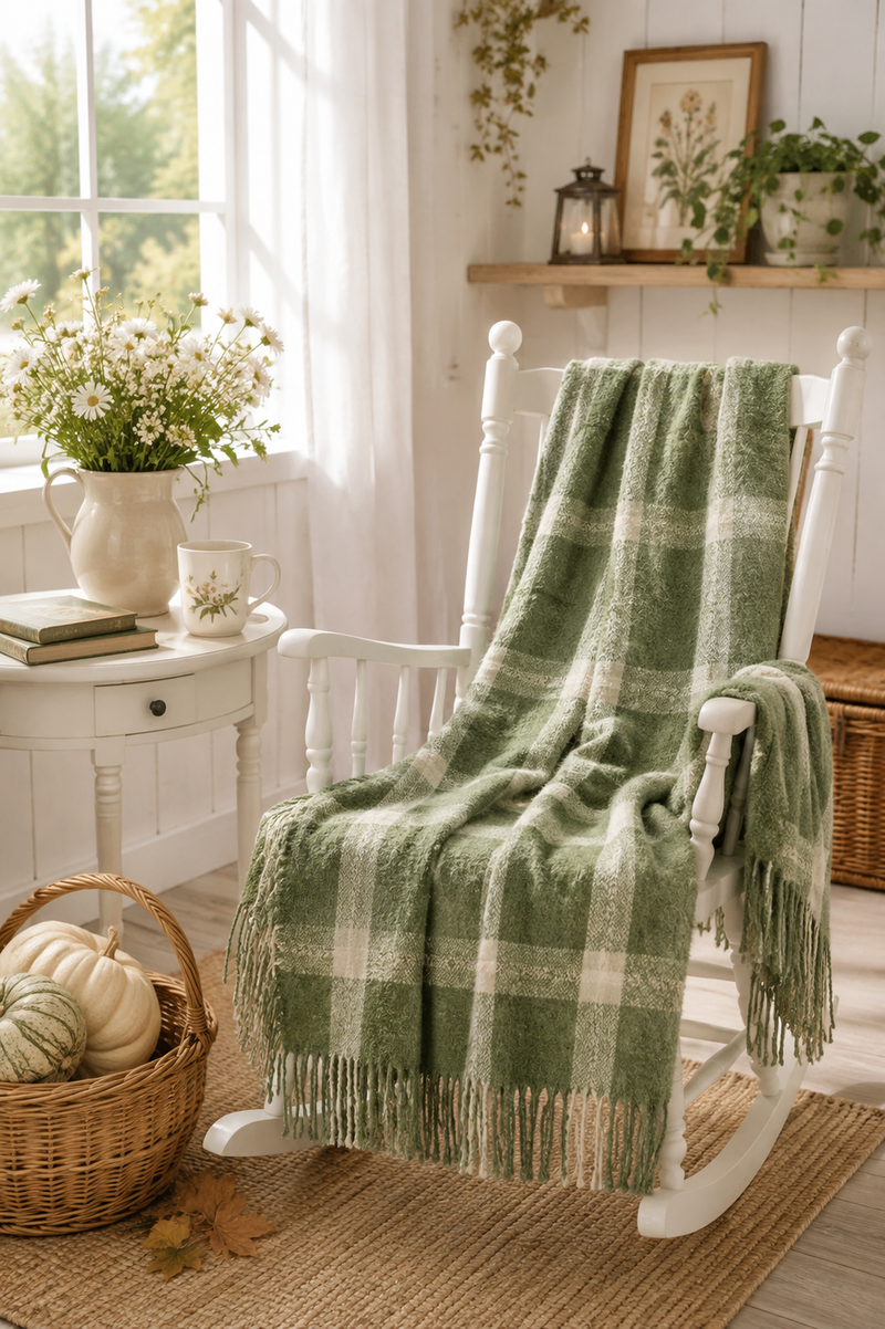 Coperta Plaid Verde a Quadri 127x152 cm con Frange