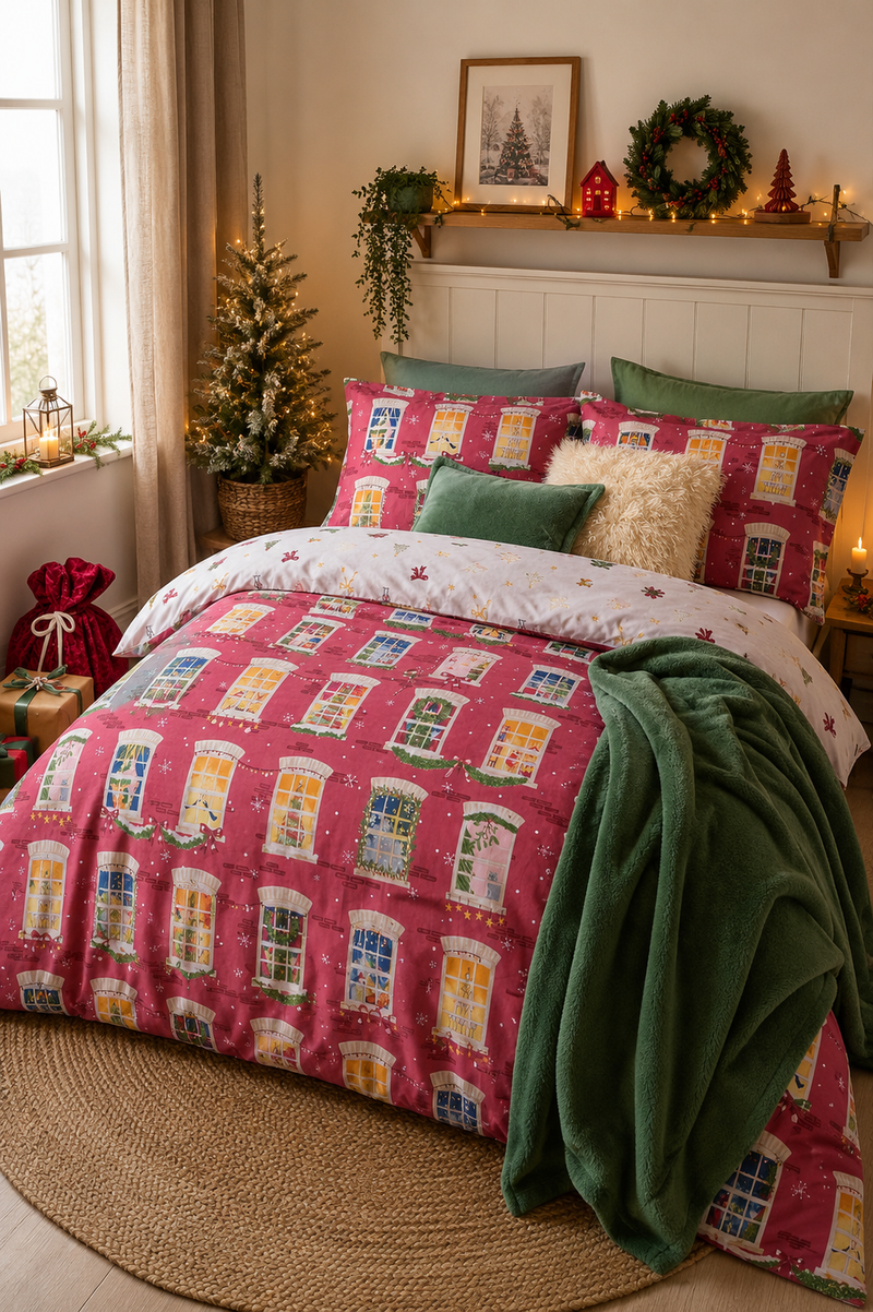 Set Copripiumino Natalizio Reversibile Christmas Eve Mirtillo Rosso