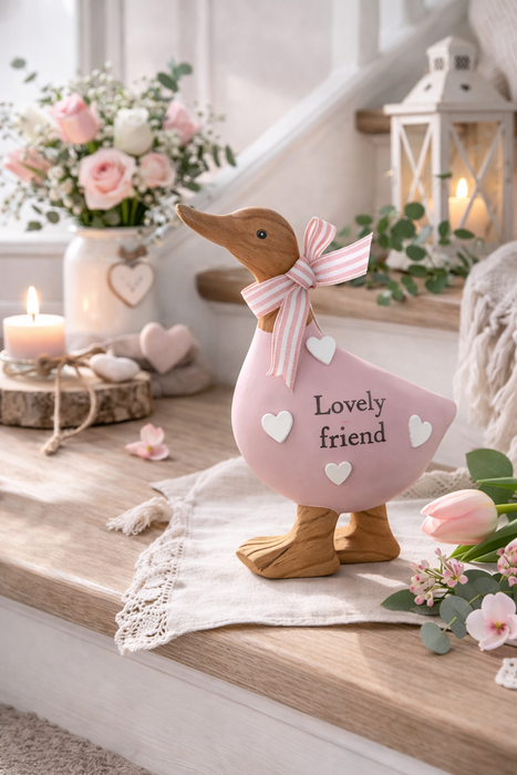 Anatra Decorativa “Lovely Friend” Rosa con Cuori