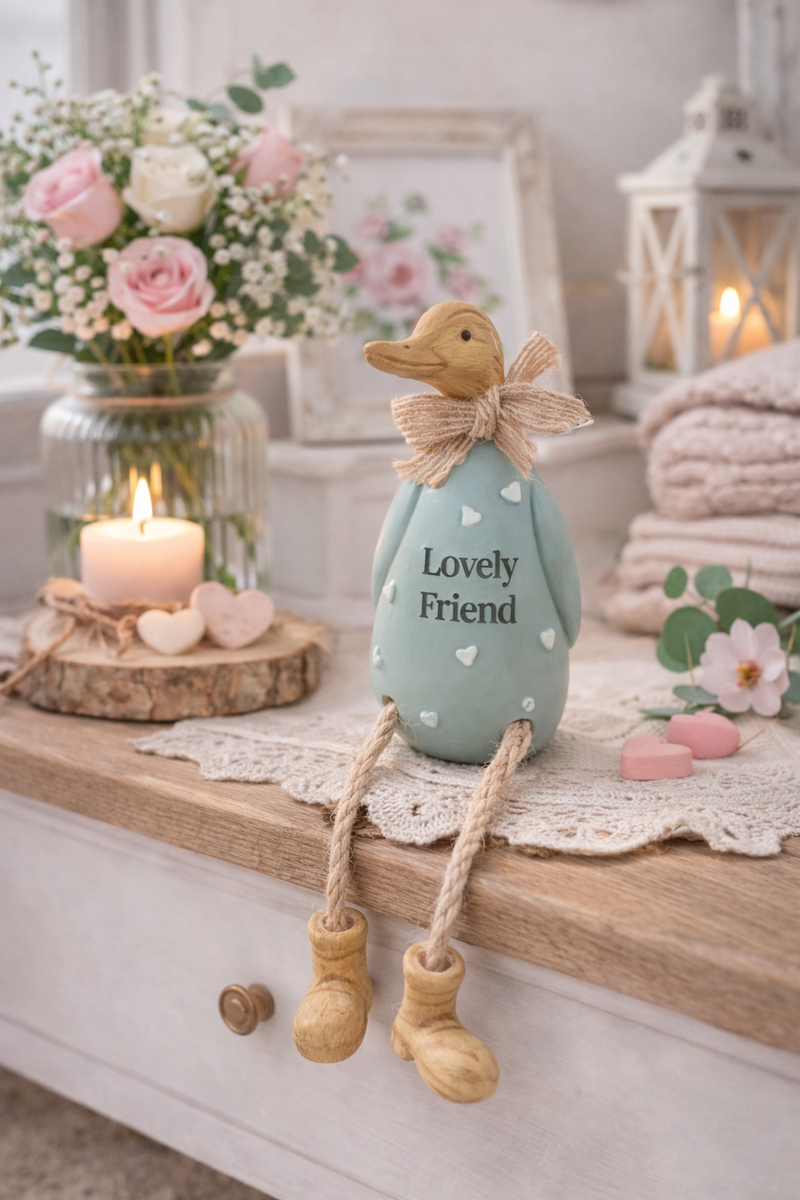 Anatra Decorativa “Lovely Friend” Verde Salvia con Gambe Pendenti – 10,5 cm