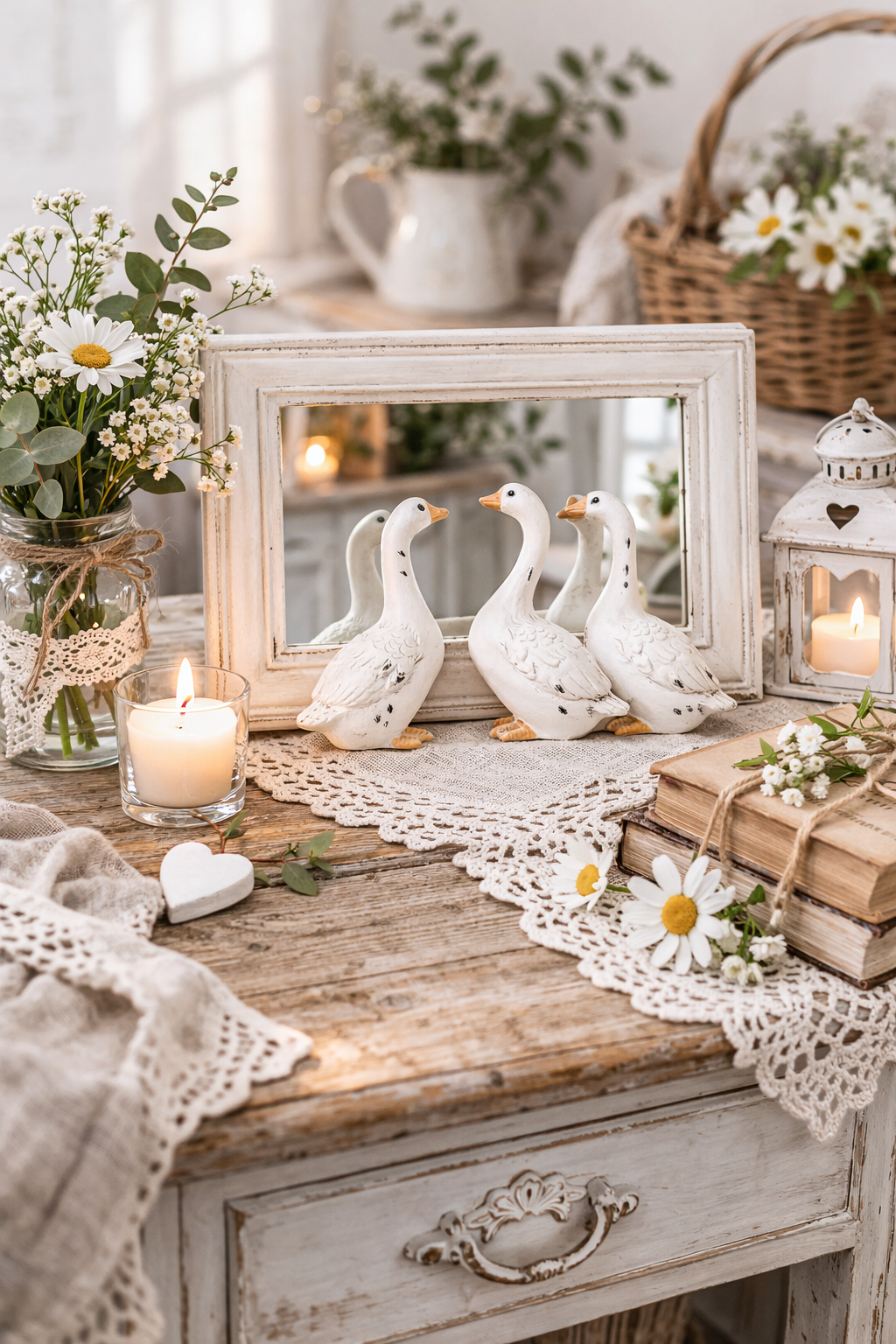 Specchio Decorativo con Oche in Resina Stile Shabby Chic