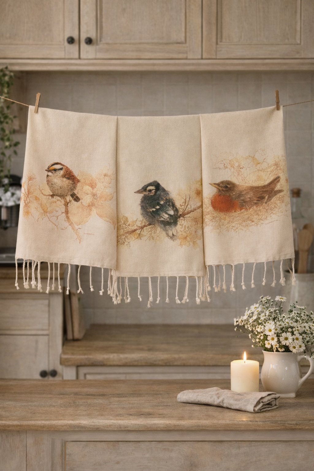 Set 3 Strofinacci da Tè con Uccellini