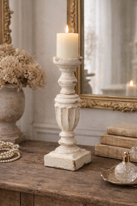 Portacandela Alto Shabby Chic Bianco Anticato