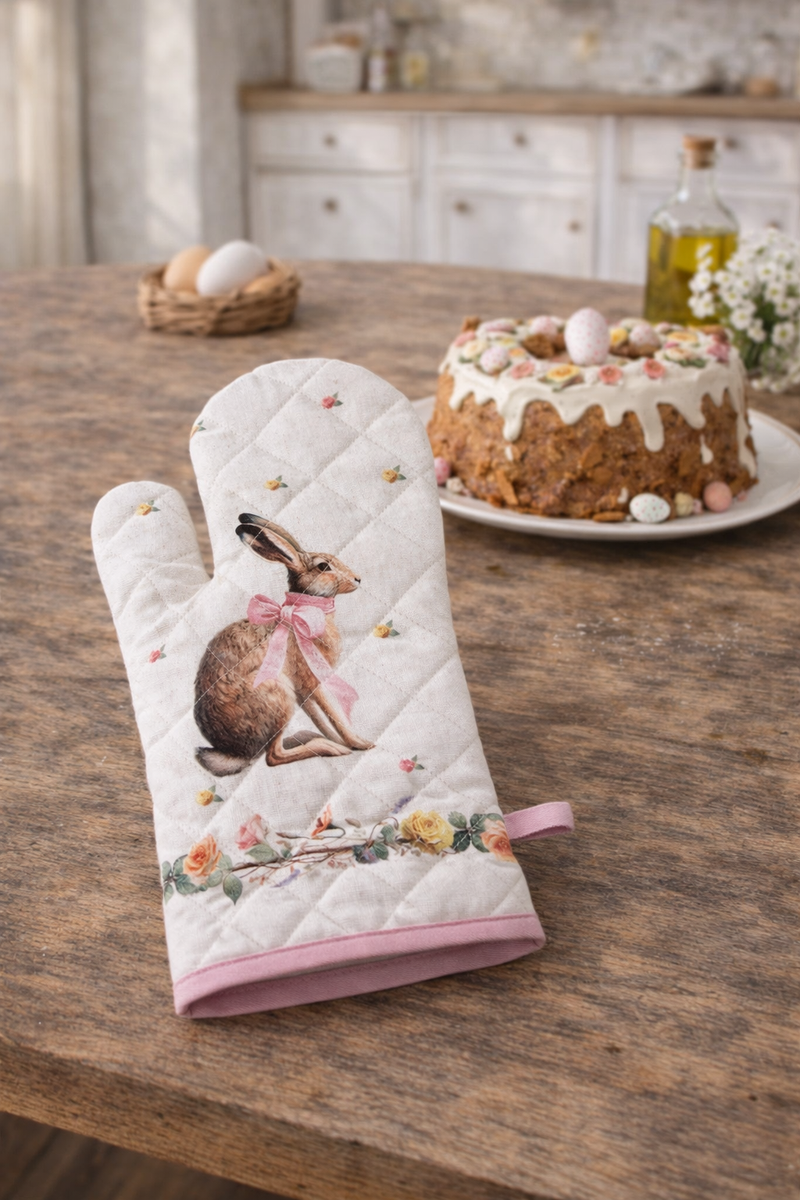 Guanto da forno Clayre & Eef con coniglietto rosa – 18×30 cm