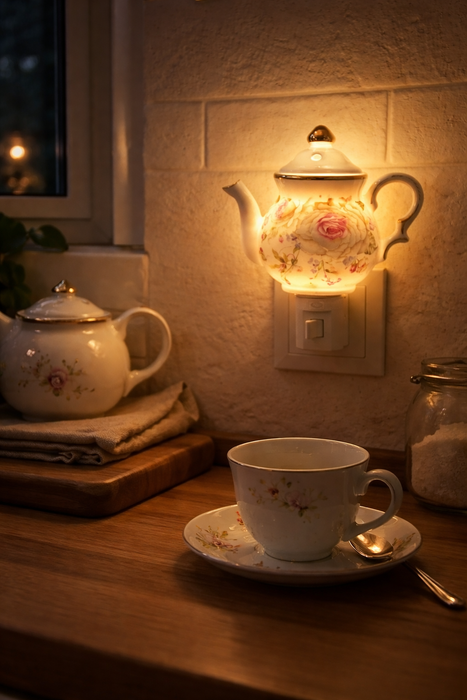 Lampada notturna a forma di teiera in porcellana