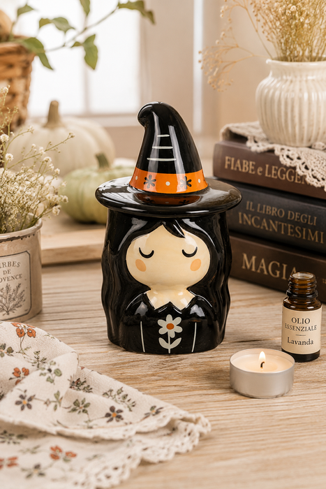 Bruciatore per Oli Essenziali Strega in Ceramica con Cappello Rimovibile