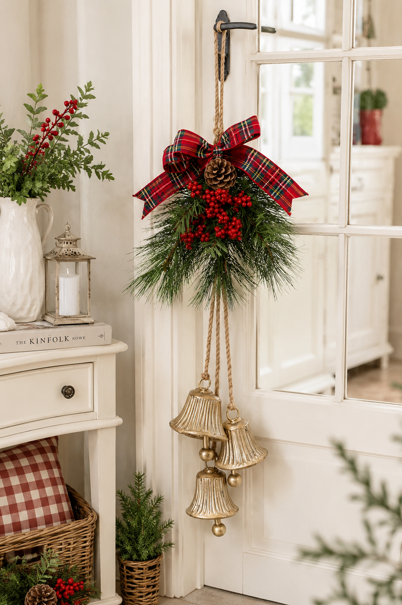 Campane Natalizie Oro con Fiocco Tartan 20x20x77 cm Clayre & Eef