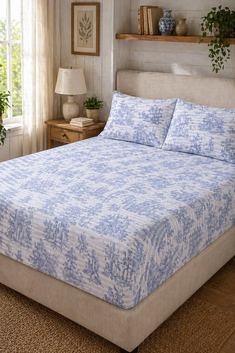 Completo Lenzuola Matrimoniale Toile de Jouy Blu in Cotone
